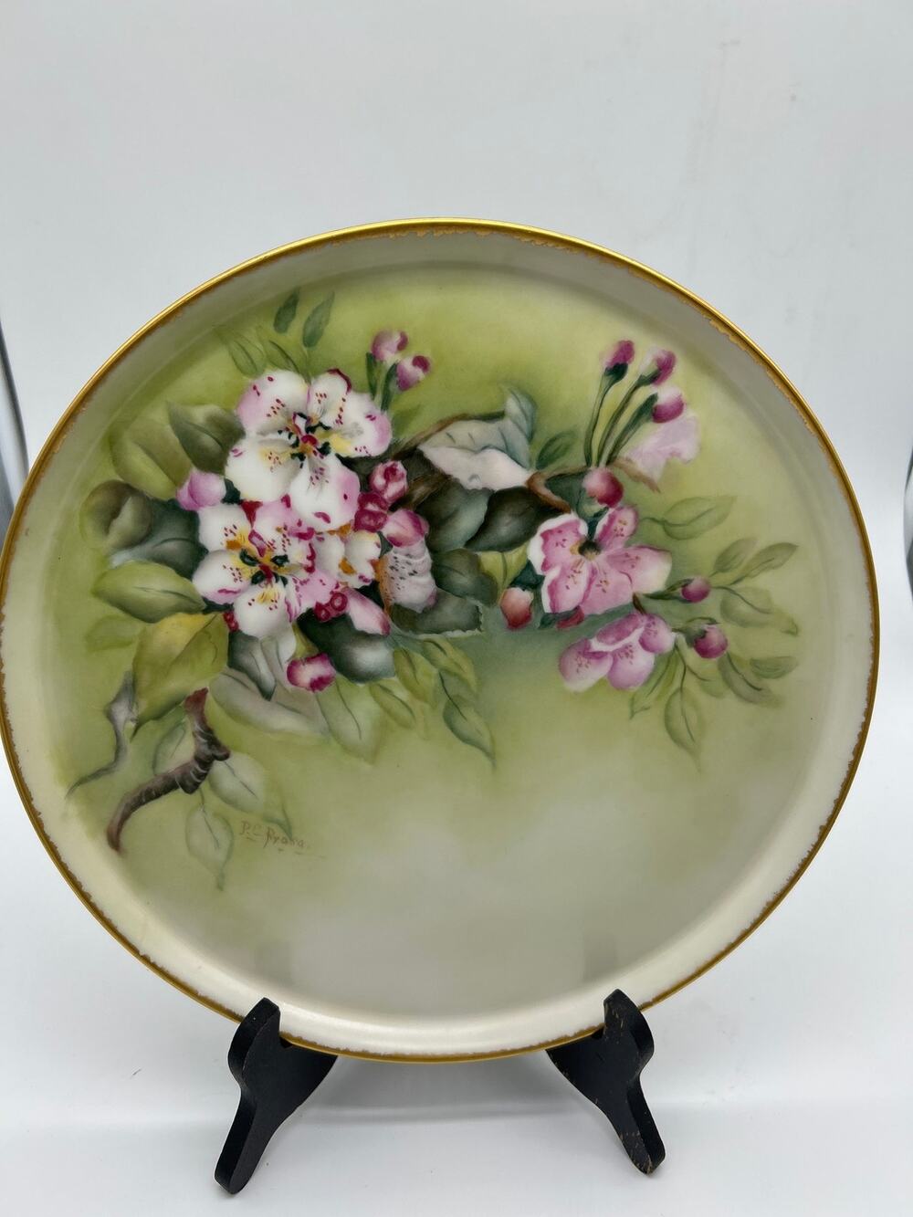 Vintage ~12” Hand Painted Floral Porcelain Plate Tray Signed Gold Rim Romantic